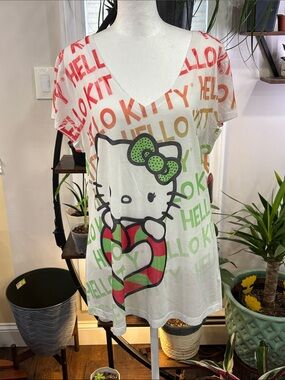 Hello Kitty White Tee with Multicolor Logo and Green Bow size XXL